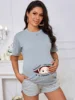 Hello Month & Cartoon Character Print Maternity T-Shirt, Round Neck Short Sleeve Pregnant Women's Top For Pregnancy Announcement 3