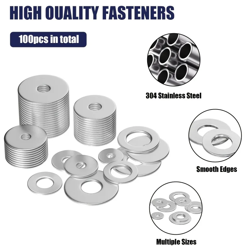 Stainless Steel Fender Washers Flat Washers for Screws and Bolts 100pcs Metal Kit 12 Sizes M3-M12 Assorted