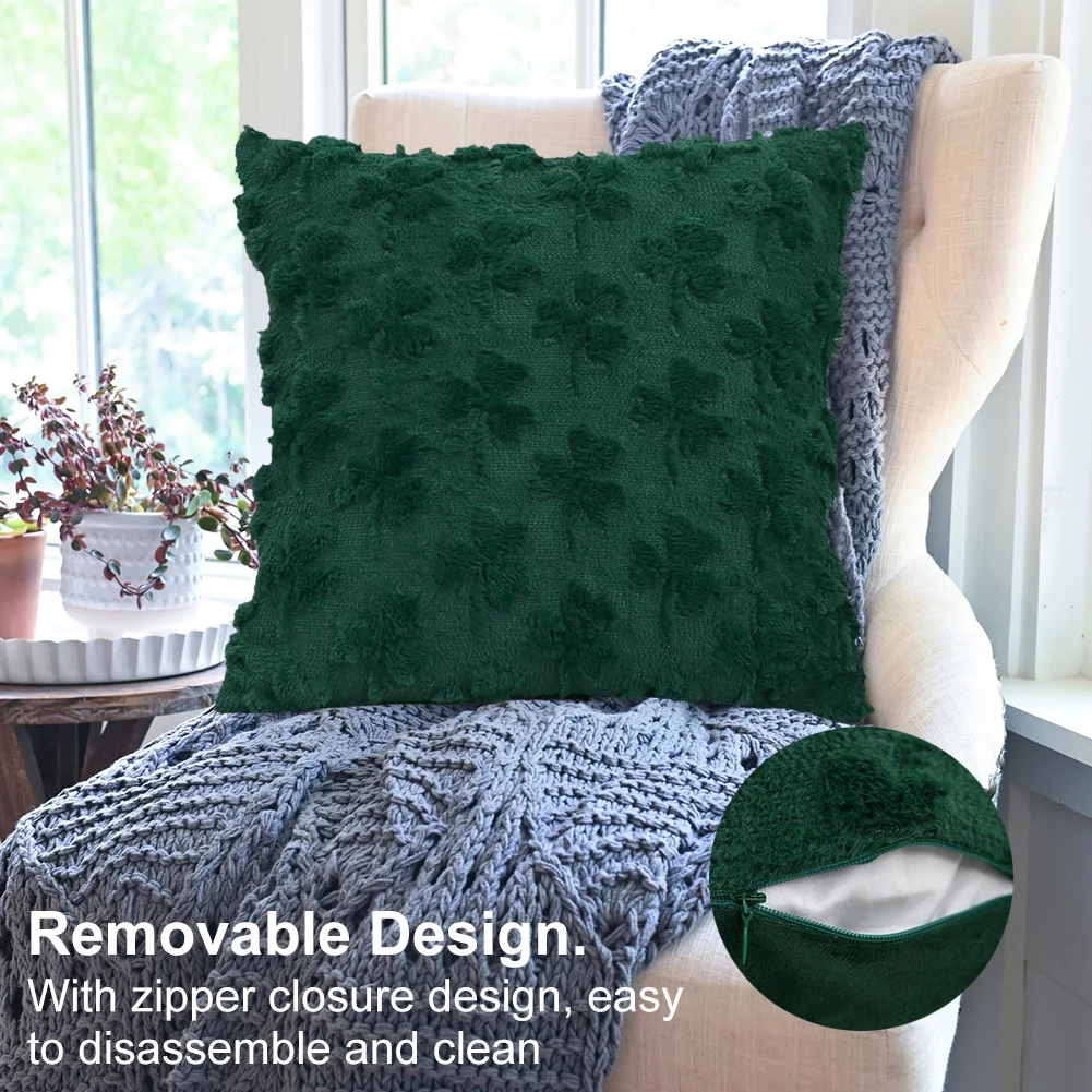 St Patricks Day Shamrock Jacquard Pillow Case Soft Plush Shamrock Throw Pillow Cover Faux Fur Pillowcase for Home Decor