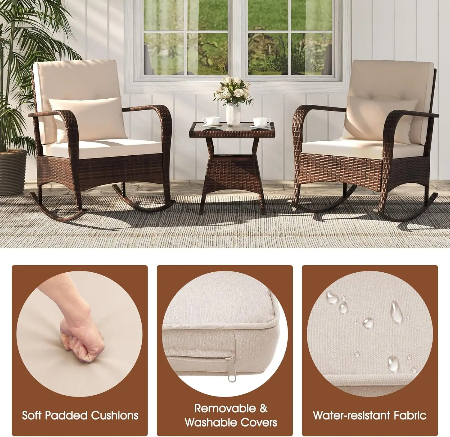 3 Pieces Patio Furniture Set, Outdoor Wicker Rocking Chairs with Cushions, Pillows, Glass Coffee Table, Rattan Bistro Rocker Set