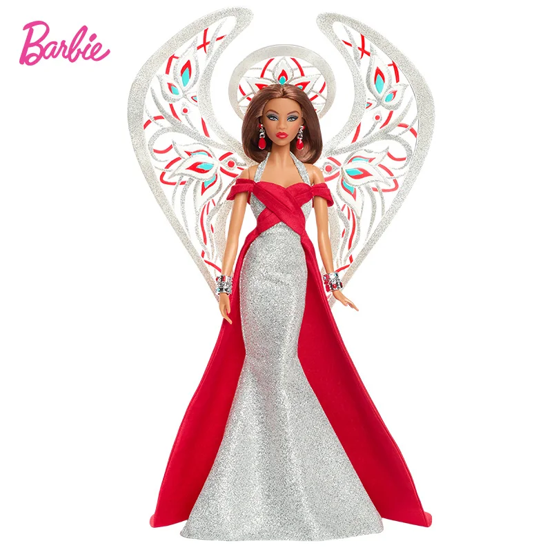 

Barbie X Bob Mackie 2023 Holiday Angel Doll in Shimmering Silver and Red Gown Collector's Figures Toys for Girls Holiday Gift