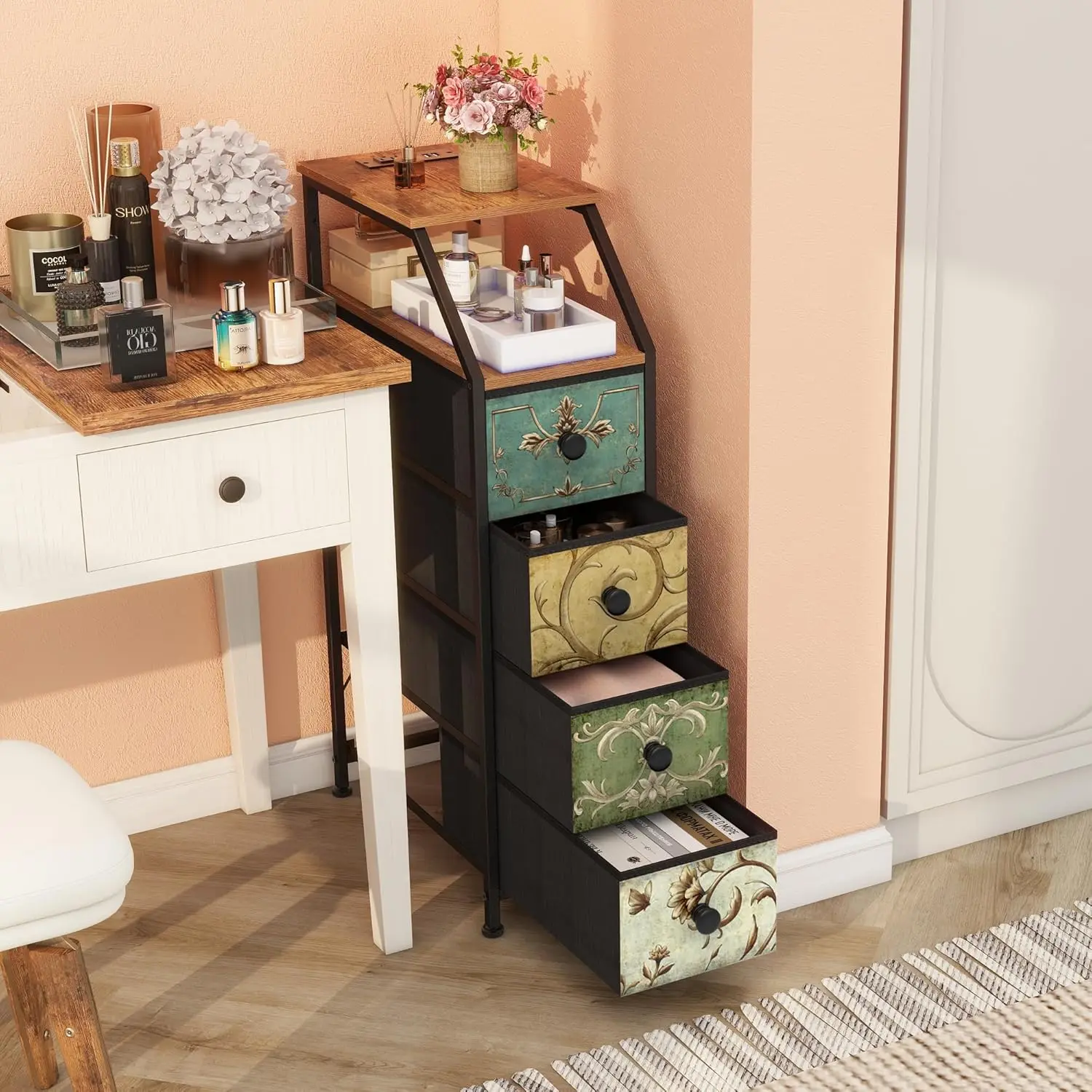 Narrow Dresser. Slim Chest of Drawers. Charging Station. Nightstand. Bedroom, Bathroom. Retro Flower, 4 Drawers.