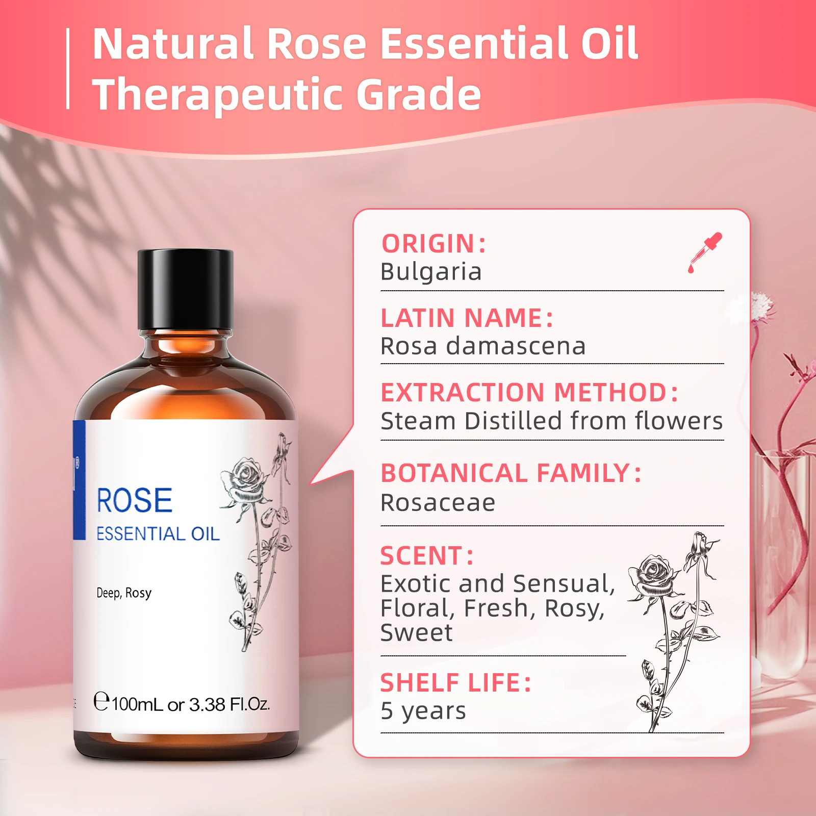 PHATOIL Huile Essentielle Rose 100 ml, Huiles Essentielles pour