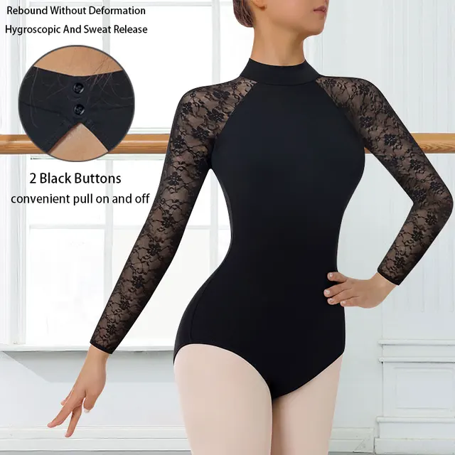 Women Turtleneck Long Sleeves Ballet Dance Leotards for Adult Gymnastics Dance Tops with Water-drop Hollow Back and Soft Lining
