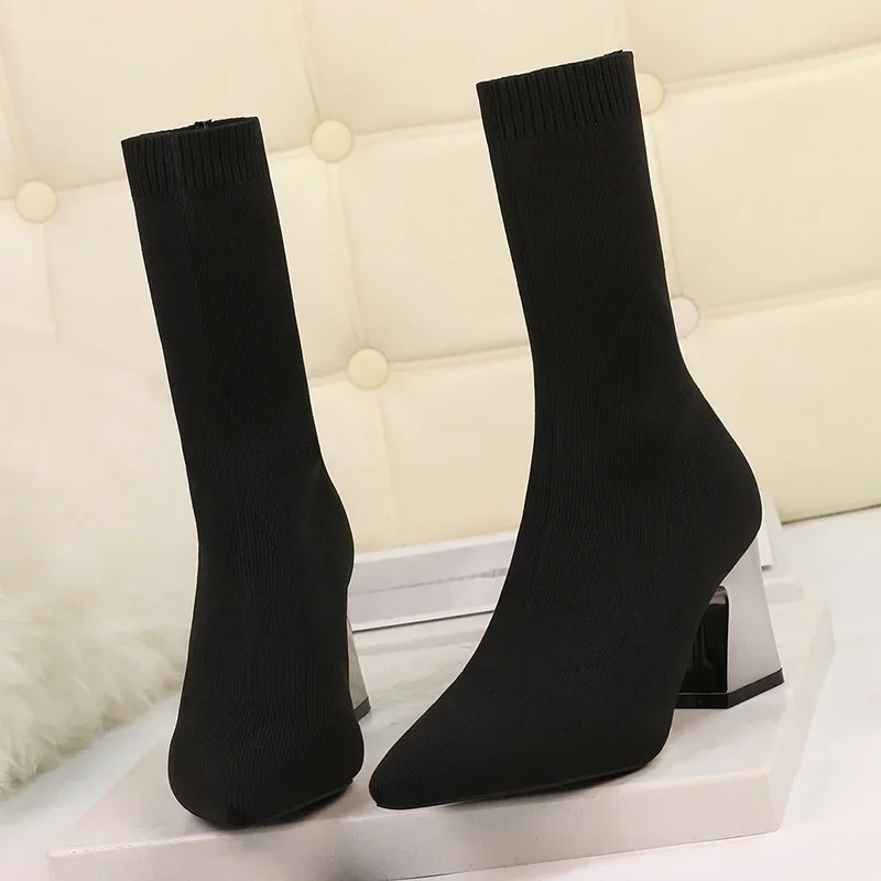 2024 Women Stretch Knitted Sock Boots 7cm 9cm High Heels White Ankle Boots Stripper Low Block Heel Lady Warm Winter Chunky Shoes
