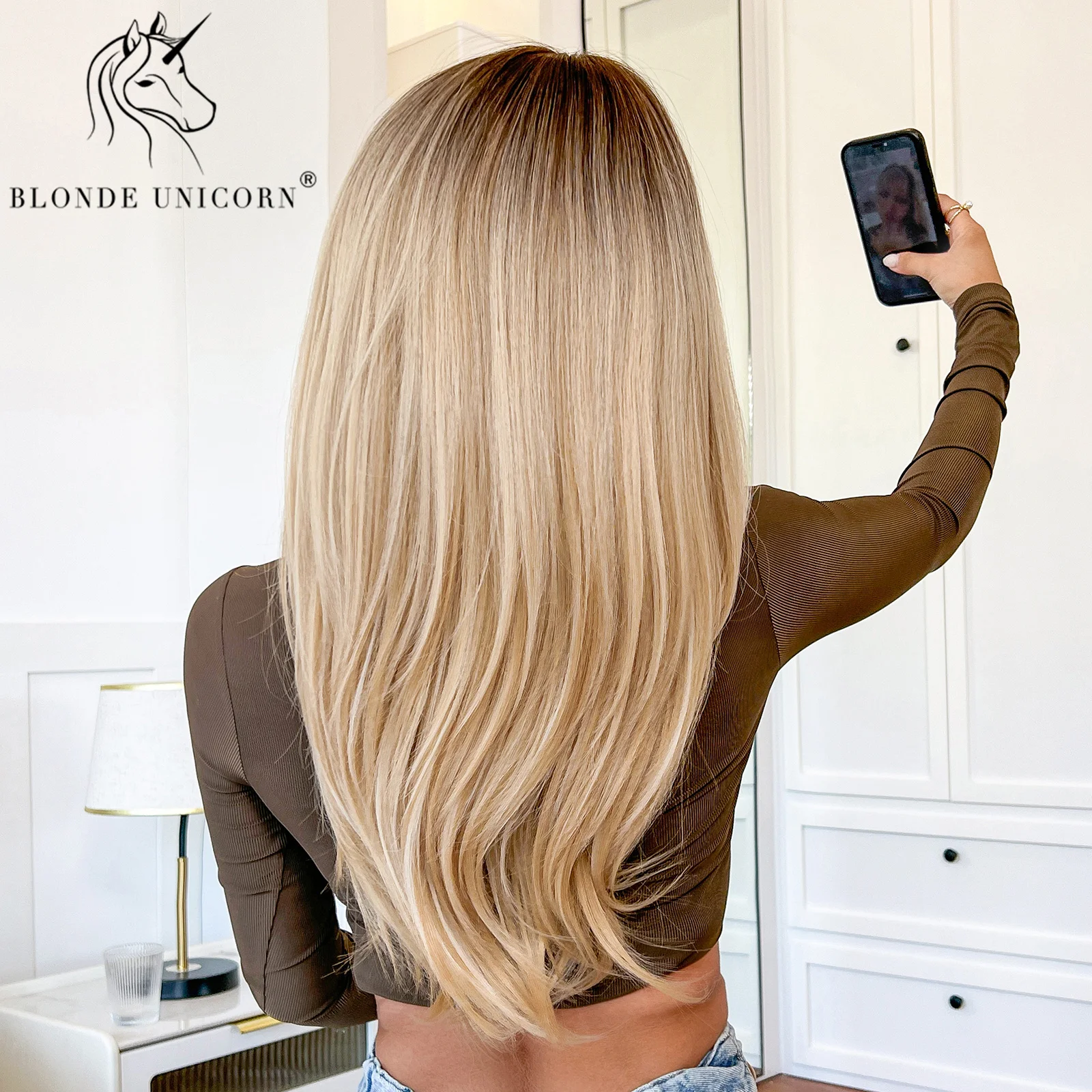 Parrucca Bionda Ondulata Con Radici Scure: Capelli Sintetici - Foto 8