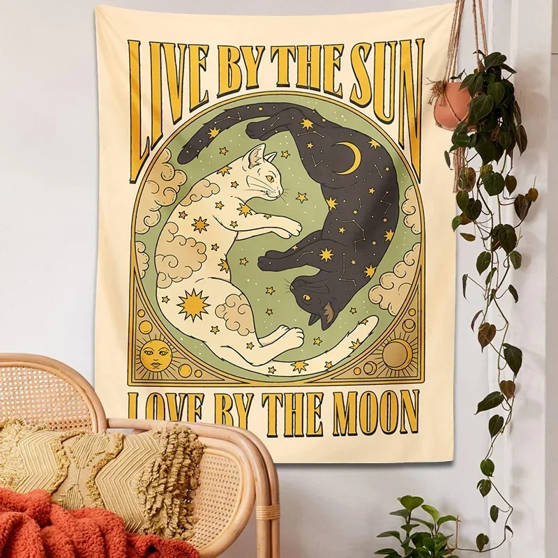 Description Picture 4 of itemSun Moon Cat Tapestry Wall Hanging Tarot Retro Black White Cat Psychedelic Love Star for Living Room Home Dorm Decor Cloth Gift