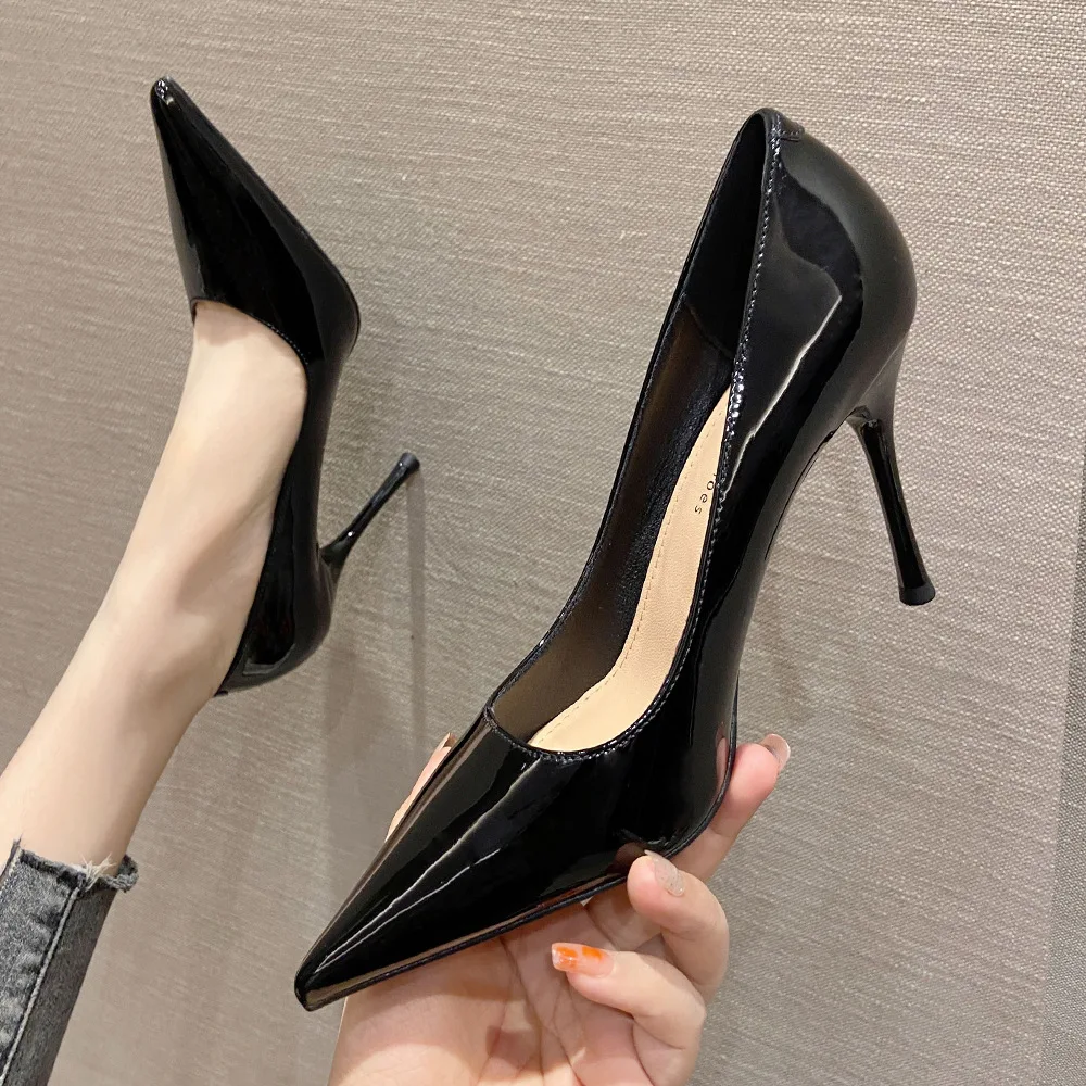 9.5cm Fashion New Thin High Heels Pumps Pointed Toe Patent Leather Ladies  Dress Black Shoes for Women 38 39 40| | - AliExpress