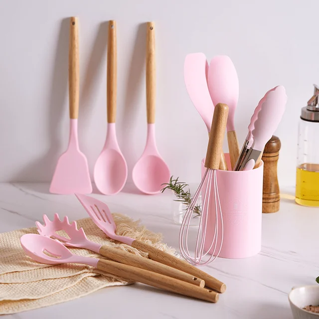 Cook with Color 3 Piece Color Changing Silicone Utensil Set with Blue Tong,  Pink Slotted Turner, and Teal Spoon 