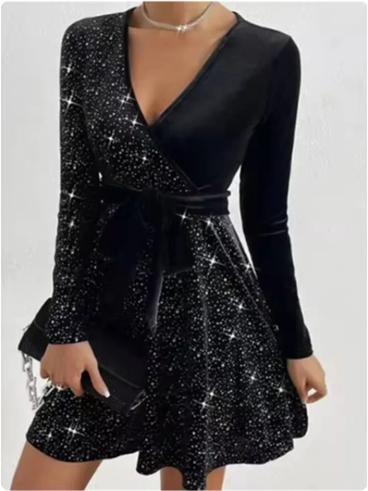 Women's V-neck Sexy Long Sleeved Sequined Solid Color Dress High Street Fashion Elegant Party Evening Dresses 3