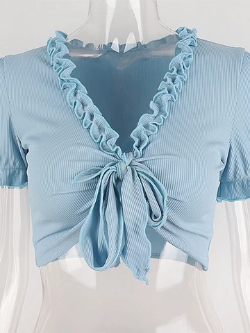 Fairycore Sexy White T-shirt Women Gothic Punk V-neck Short Sleeve Bow Lace Up Crop Tops Y2k Emo Alt Mall Goth Clothes