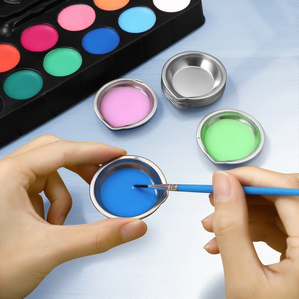 6 Pcs Pour Mouth Palette Reusable Painting Tray Stainless Steel Watercolor Mix Plates Art Supplies Student School Accessory