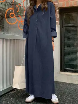 Robe chemise denim maxi femme manches longues décontractée