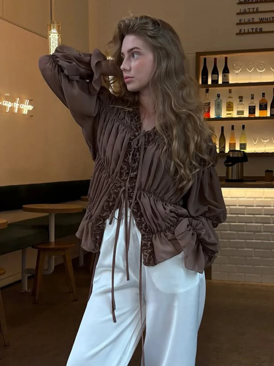 Bornladies 2026 Spring Summer New Women's Ruched Sheer Blouse Solid Color Ruched Ruffle Lace-Up Drape Tie-Front Blouse