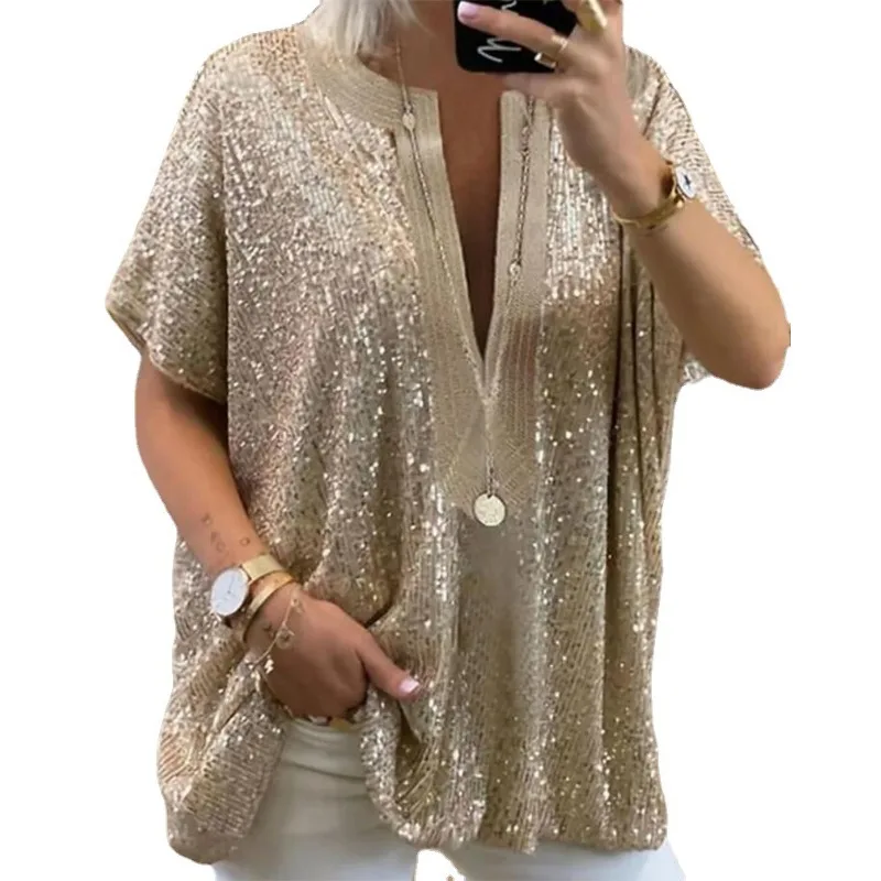 

2023 New Elegant Elegant Loose Sequined V-neck Short Sleeve Casual Sequin Deep V Shirt