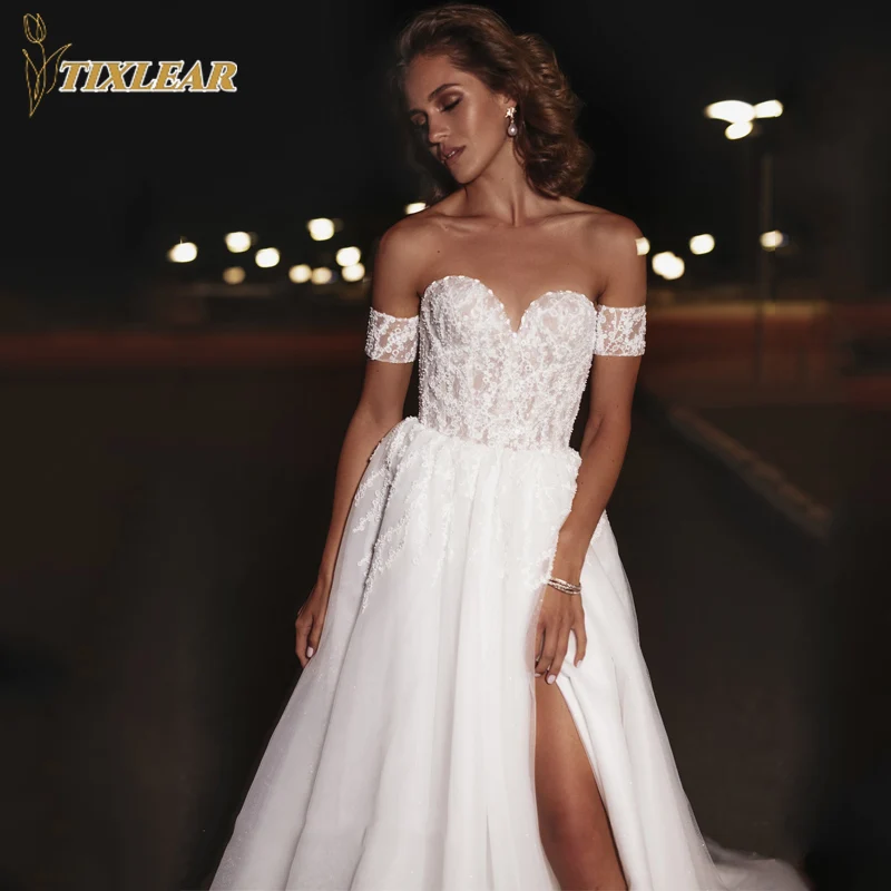

Sweetheat Women's Wedding Dresses Off Shoulder Lace Appliques Bridal Gowns Split Side A-Line Tulle Sweep Train Vestido De Novian