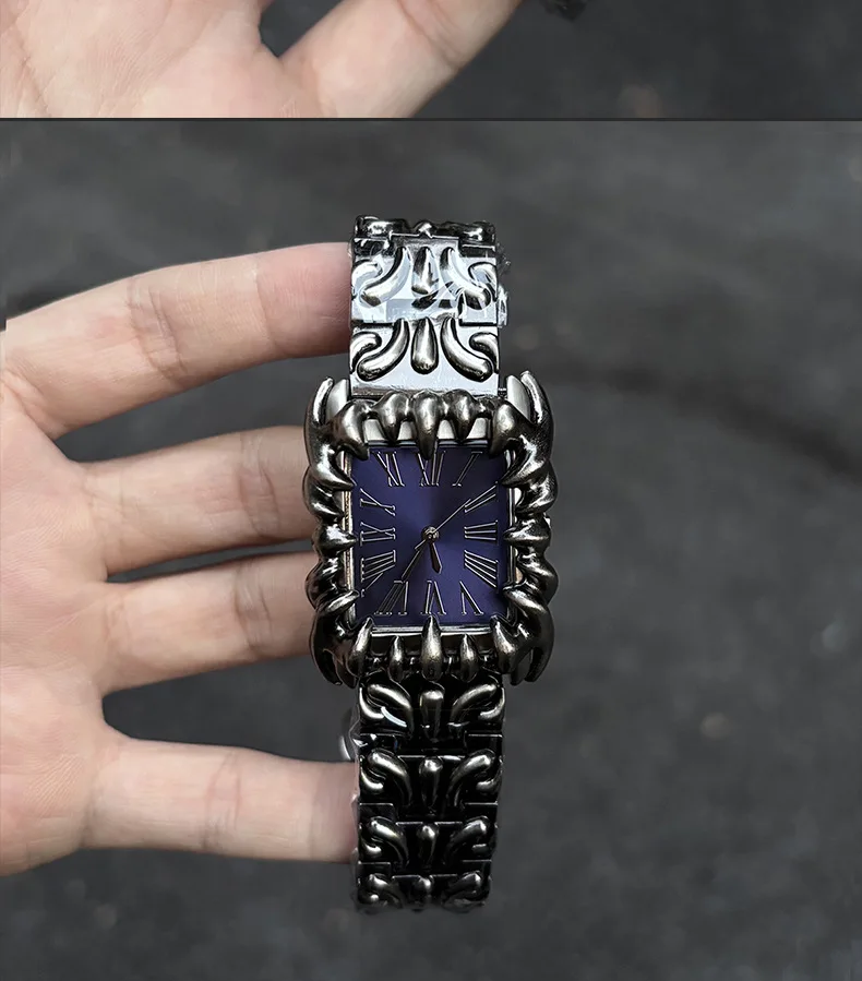 Y2K Square Watch Retro Silver Dial Quartz Unique Handmade Cyber
