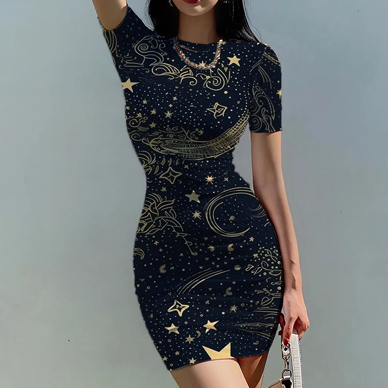 

Summer new lady slim dress star night sky 3D printed lady dress beautiful lady slim dress fashion trend lady slim dress