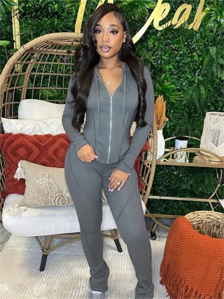 

Kontturi New Fall Tracksuit Two 2 Piece Sets Women Outfit Long Sleeve Zip Up Hooded Tops Gray Solid Skinny Pants Matching Sets