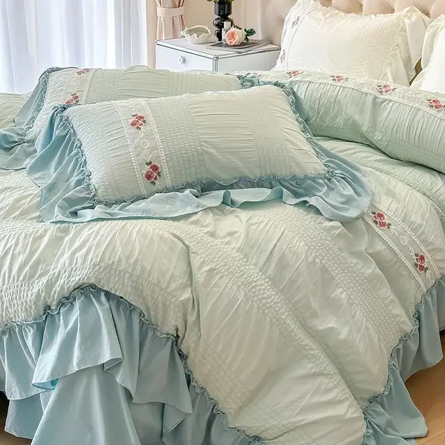 Beautiful Lace Bedding Set Korean Style duvet cover set Soft Washed Cotton Comforter cover set girls women room for home decor