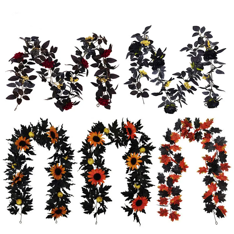 180cm Silk Black Orange maple Rose leaf Hanging Garland of Plants Vine Leaves For Halloween Thanks Giving Home Garden decor
