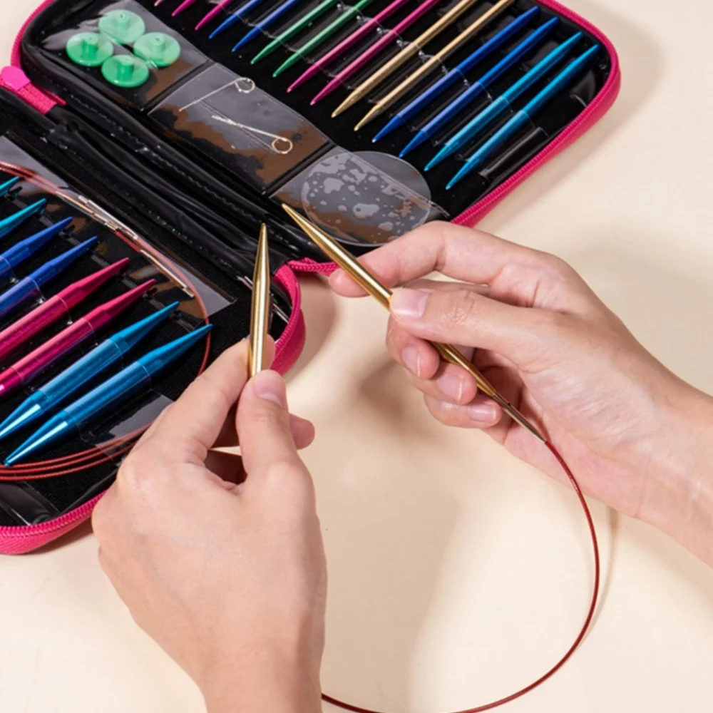 알루미늄 원형 뜨개질 바늘 세트 교환 가능한 크로 셰 뜨개질 후크 직조 원사 뜨개질 공예 도구 액세서리 키트 바늘