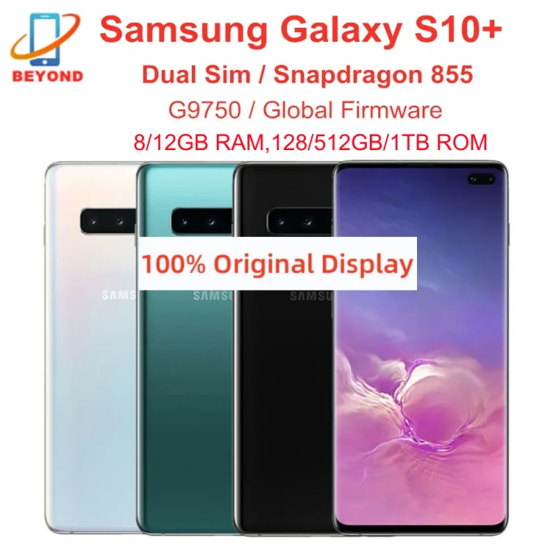 Samsung-Galaxy s10 plus g9750デュアルSIM携帯電話、snapdragon 855、8GB RAM、128GB  rom、オクタコア、6.4インチ、nfc、4g、lte、オリジナル