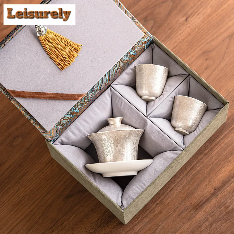 Luxury 999 Gilded Silver Green Bamboo Tea Set Complete Set Aesthetic Tea Ceremony Set Teapot And Tea Cup Set Chinese Teaset Gift