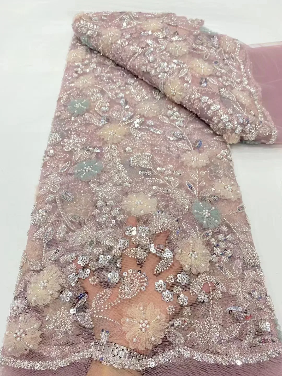 

2024 Latest African Handmade 3D Sequins Lace Fabric French Net Lace Fabric Flower Embroidery Beads For Wedding Sewing