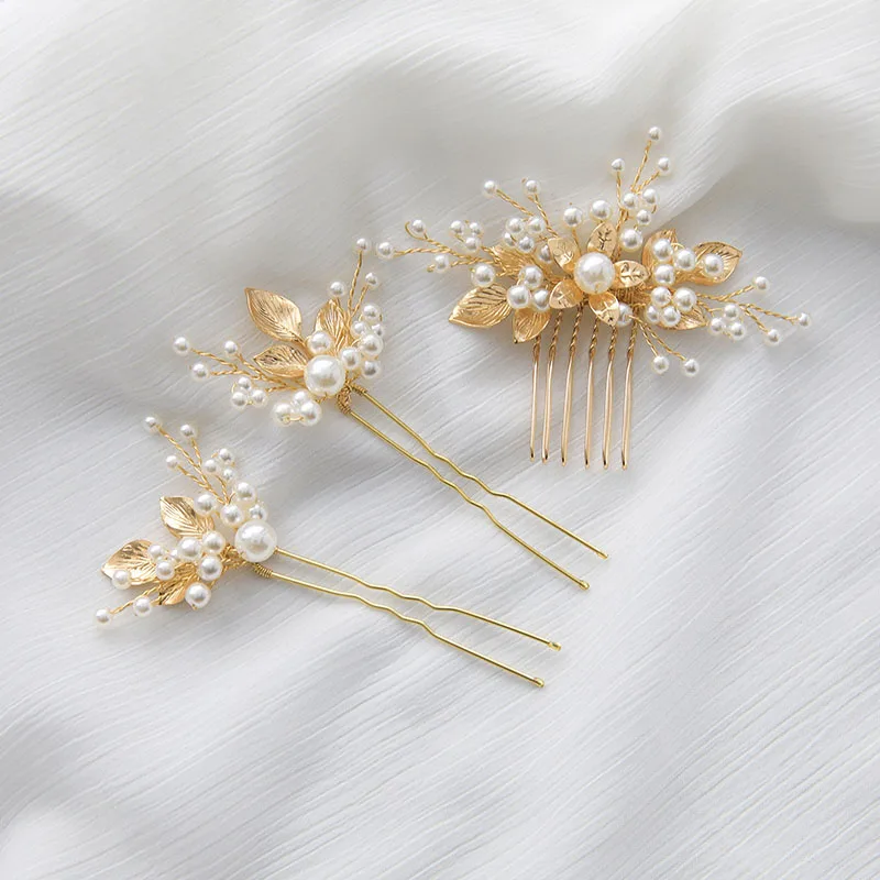 SLBRIDAL 핸드메이드 합금 꽃잎 모양 라인스톤 크리스탈 진주 브라이덜 헤어핀 세트 웨딩 헤어 악세사리 여성 헤어 장식