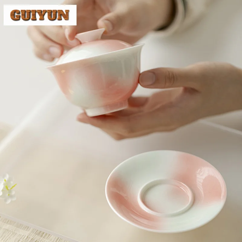 130ml Grapefruit Jasmine Ceramic Sancai Gaiwan Aesthetic Gradual Color Tea Tureen Tea Maker Cover Bowl Ceremony Decoration
