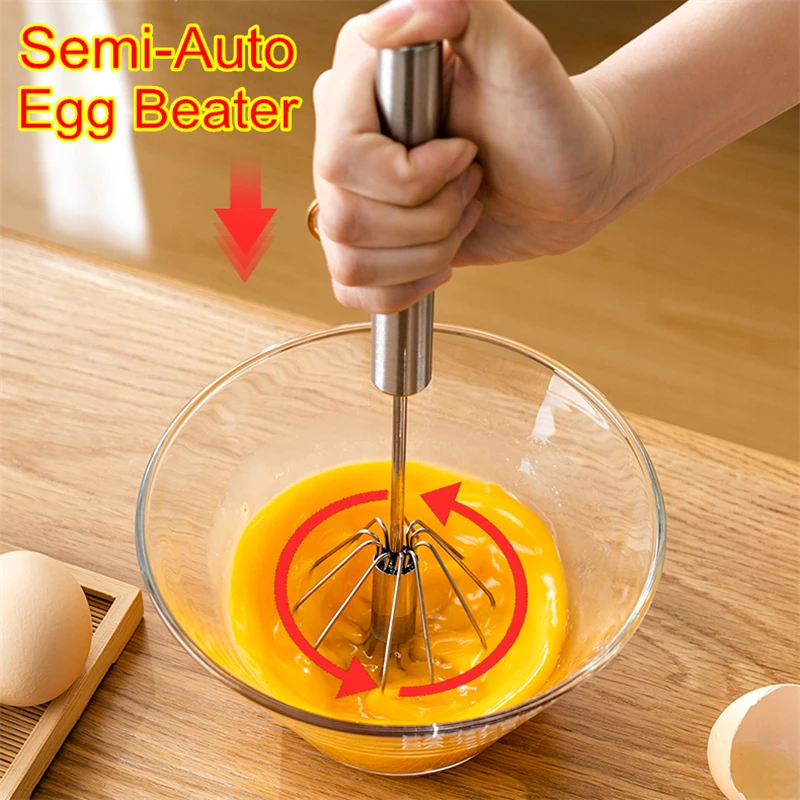Stainless Steel Semi-Automatic Egg Beater Self-Turning Cream Hand Blender Rotating  Whisk Frother Mixer Egg