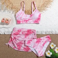 8-14Y Girls' Summer Swimwear 2023 New Fashion Cute Crisscross Tie Dyeing Printing Floral Print Three Piece Swimsuit Bathing Suit 5