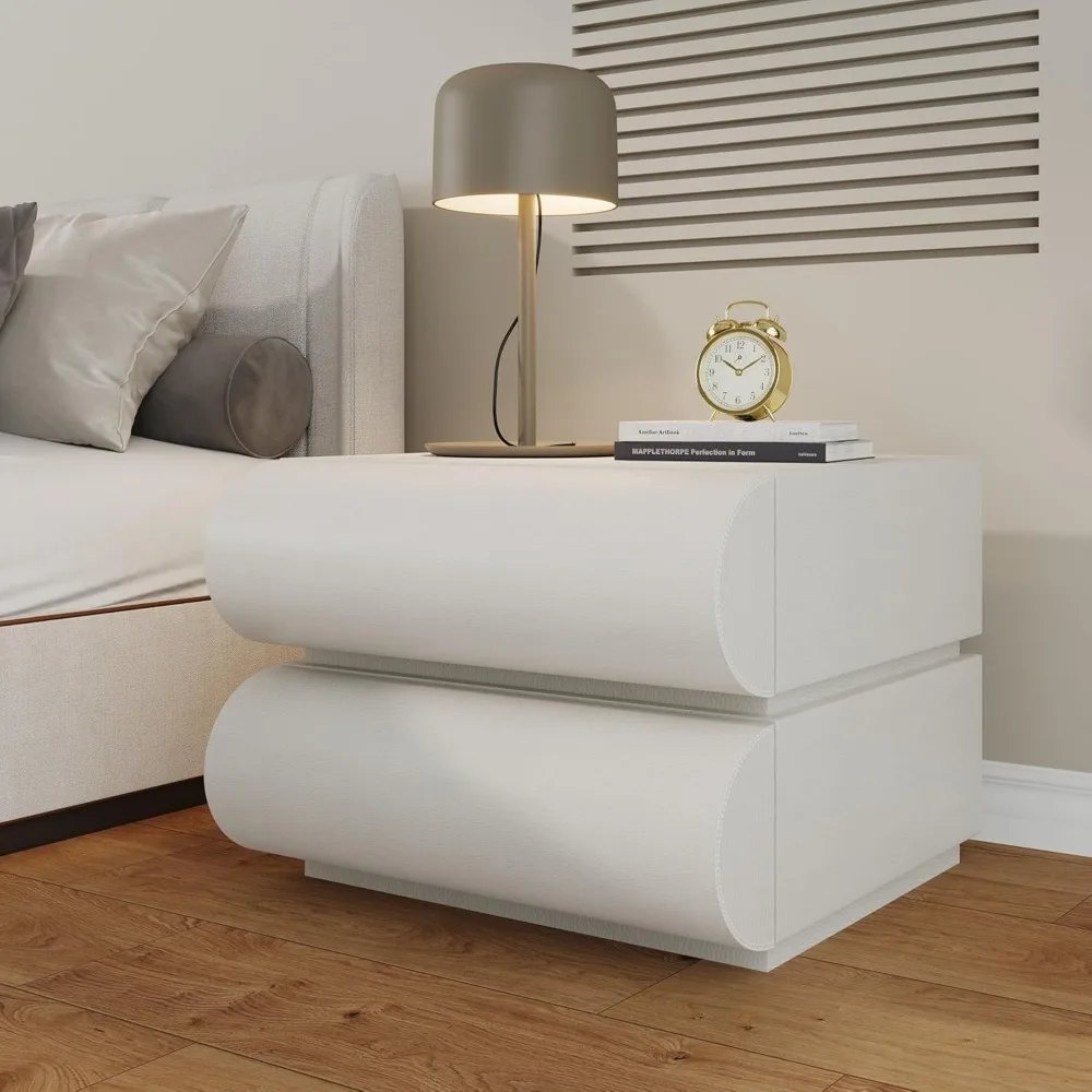 Nightstand, Minimalist Bedside Table with 2 Solid Wood Drawer, Night Stands with Microfiber Leather, End Table for Bedroom-Whit 3