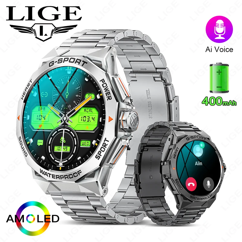 

LIGE 1.43 inch AMOLED Screen Smart Watch Men 400mAh Large Battery Bluetooth Call Smart Bracelet Blood Pressure Sports Smartwatch