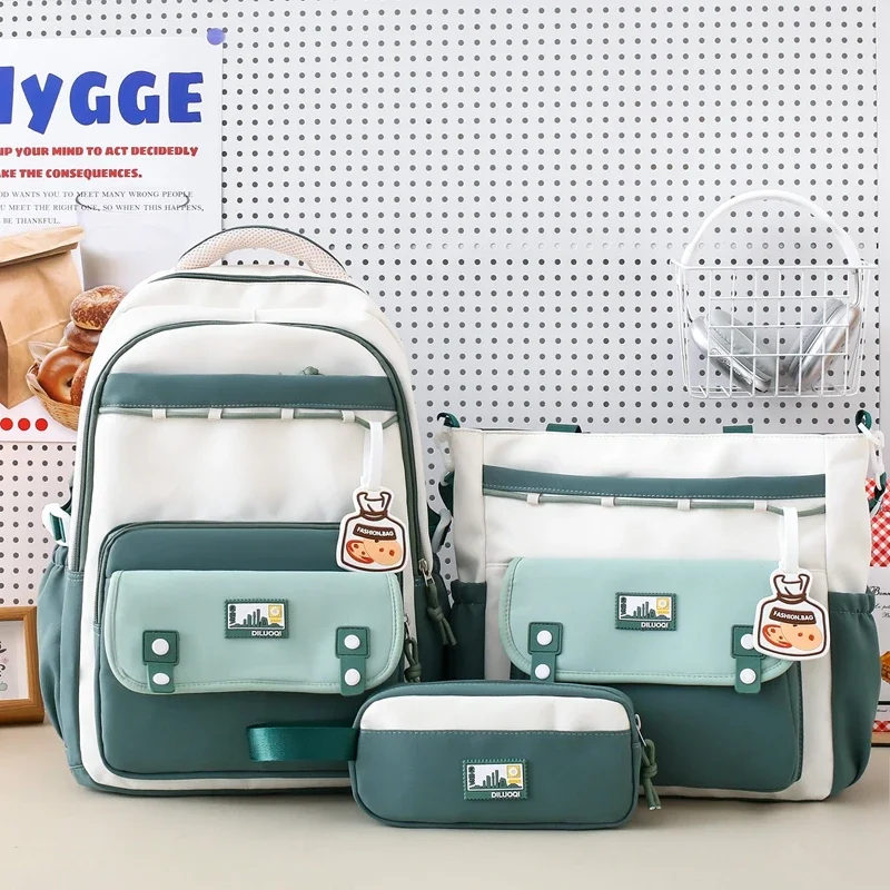 Large Capacity Hot Sale Nylon Solid Color Zipper School Bags Three Piece Set Classic Simple Versatile Backpacks Schoolbags 2