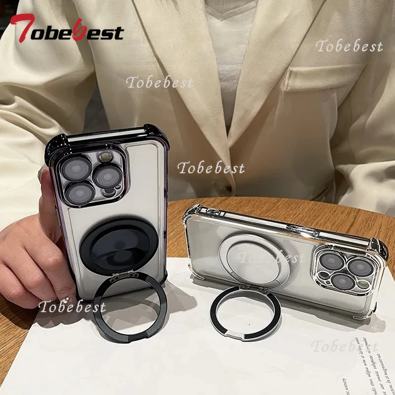 Rotating Magnetic Shockproof Plating Case with Transparent Back Cover