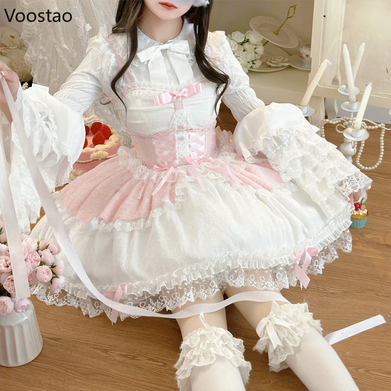 Lolita Dress Women Japanese Sweet Jsk Elegant Ruffles Lace Bandage Princess Strap Girls Y2k Kawaii Tea Party Mini lolita suspender dress lolita dress lolita cosplay costumes