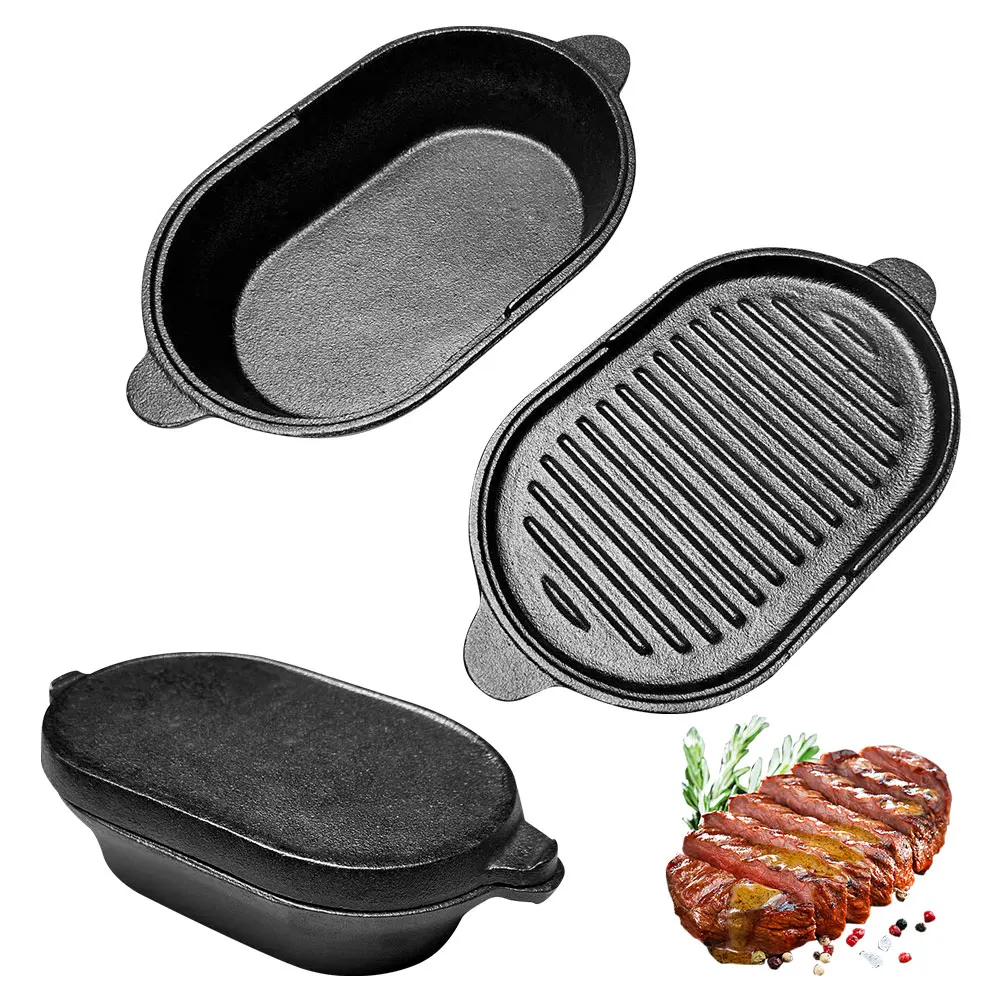 11 X 6.3in Cast Iron Griddle Pan Oval Griddle Reversible Grill Pan 2-in-1 Skillet for Indoor & Outdoor Cooking