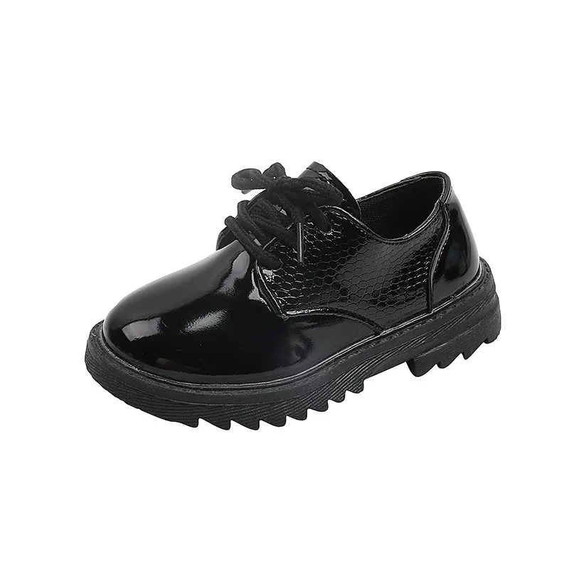 Black PU Leather Kids Casual Lace Up Shoes