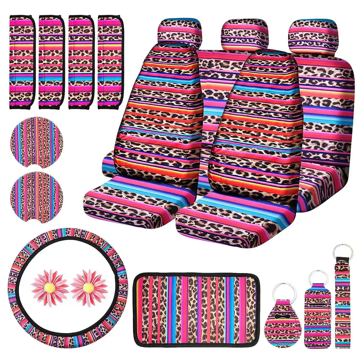 

20PCS Colorful Leopard Car Seat Cover Kit, Steering Wheel Cover, Seat Belt Pads, Coasters, Armrest Pad, Headrest