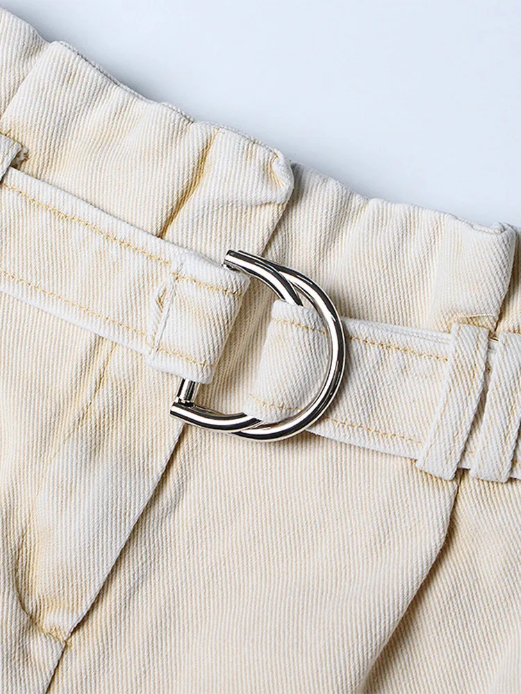 BPN casual patchwork belts shorts for women high waist solid loose wide lege short pants female fashion clothing