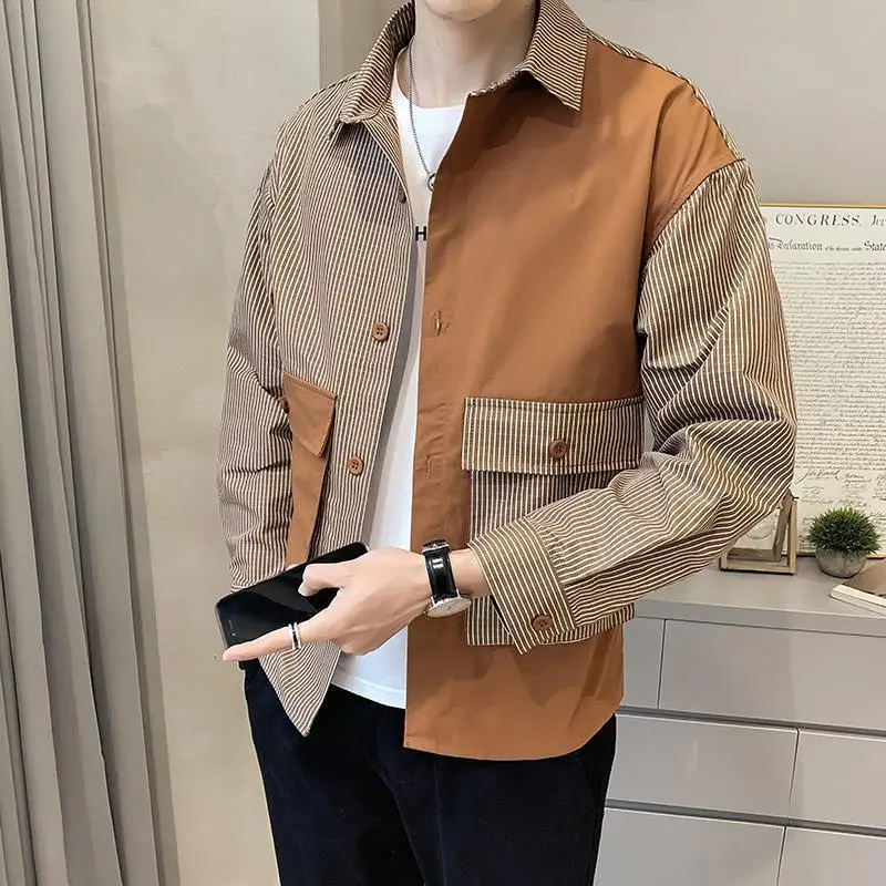 Men's 2023 Spring and Autumn New Square Collar Striped Shirt Long Sleeved Fashion Loose Thin Pockets Cardigan Button Coat Tops
