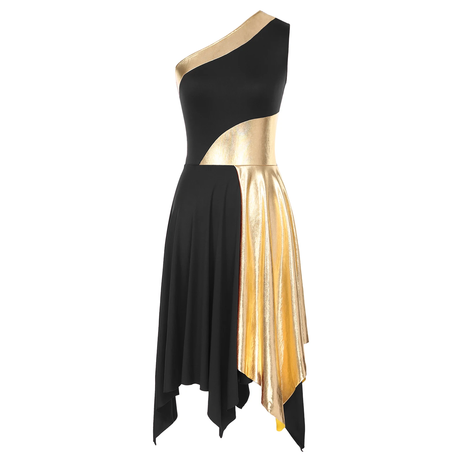 Liturgisches Lobpreis-Tanz-Outfit für Damen, einschultriges, unregelmäßiges Saum-Chor-Kirchen-Ballettkleid mit metallischer Hose mit weitem Bein – Detail 32