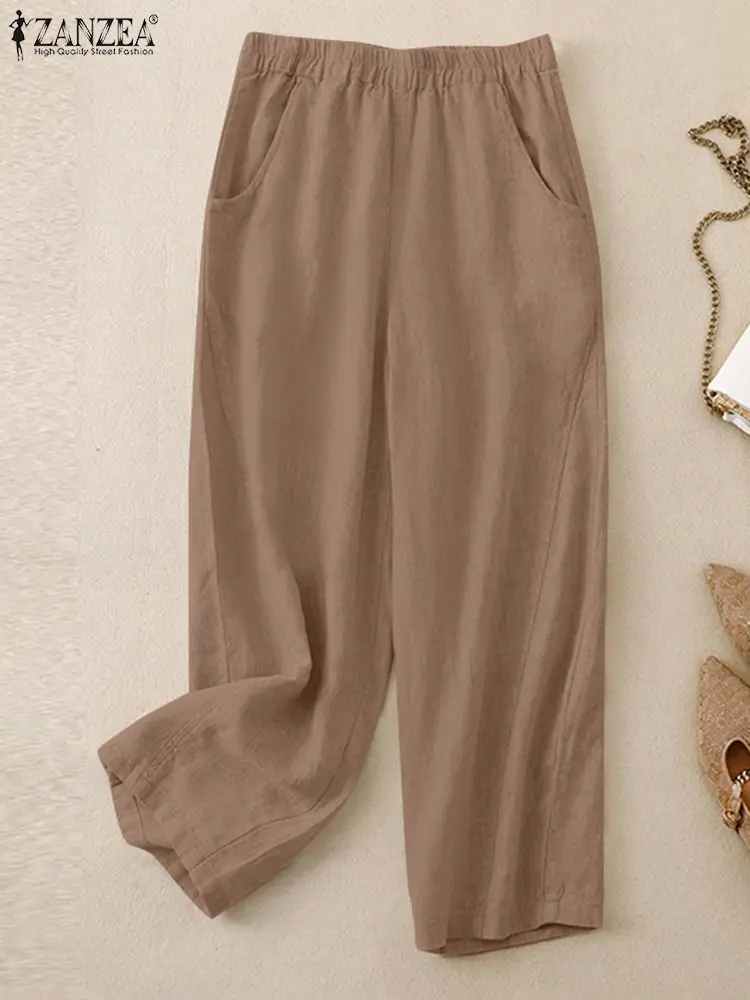 

Брюки ZANZEA женские хлопковые с принтом репы, винтажные однотонные повседневные длинные брюки с эластичным поясом, модная офисная одежда палаццо, лето 2024