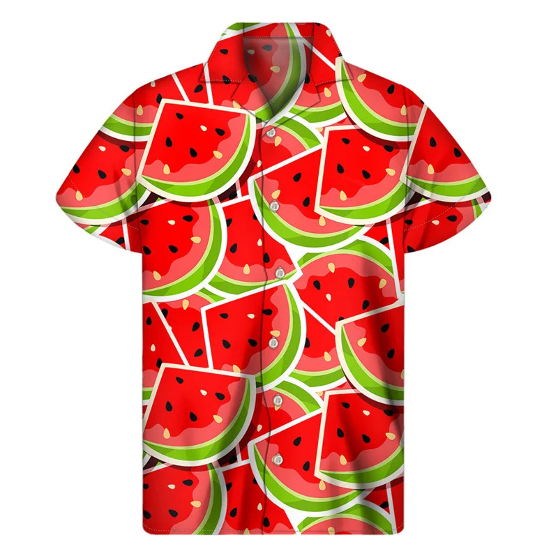 thumbnail image 1 of Camisa hawaiana con estampado de sandía colorida 2024, camisetas de verano de manga corta con botones de frutas estampadas en 3D, ropa para hombre, blusa con solapa, 1 of 5