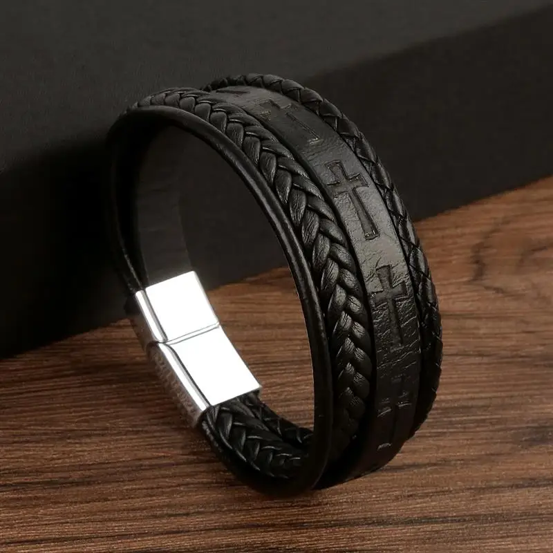 Leather Bracelet Men Cross Vintage Handwoven Hip-Hop Punk Jewelry Gift