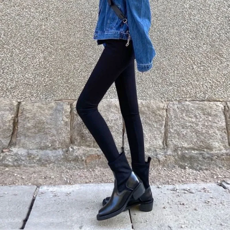Women's Autumn Winter Solid Pockets Button Tight High Waisted Elastic Slim Casual Trousers Office Lady Moto Biker Vintage Pants