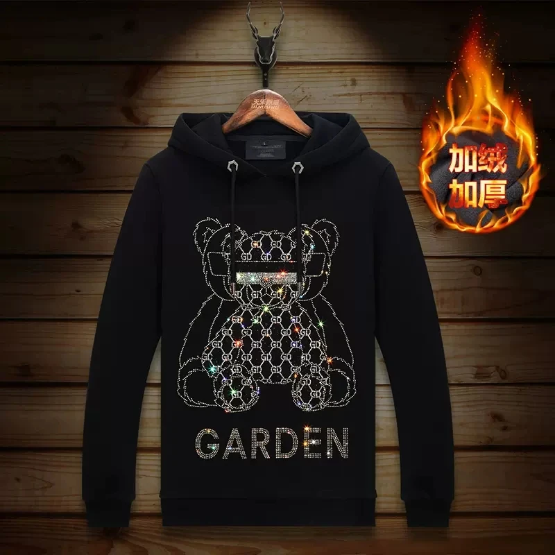 

2023 Men Hoodies Sweatshirts Cartoon Bear Diamonds Fashion Streetwear Full Pullover Belt Hooded Hoodie Thick Mens Winter Clothes