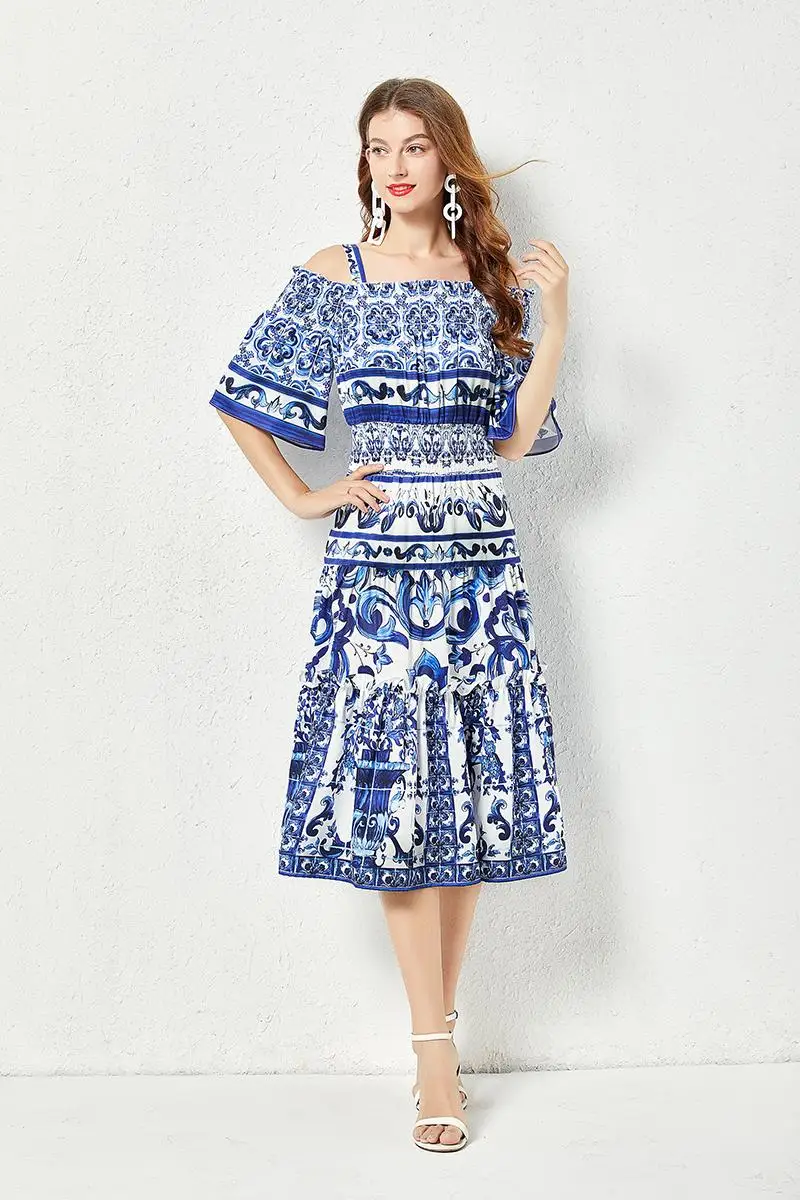 Summer Fashion Runway Midi Dress Women's Cool Shoulder Flare Sleeve Blue and White Porcelain Printing Holiday Beach Vestidos